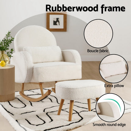 Artiss Armchair Rocking Chair Ottoman Lounge Footrest Round Nursing Boucle White.