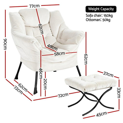 Artiss Armchair Accent Chair Ottoman Lounge Footrest Velvet White.