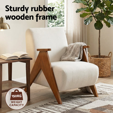 Artiss Armchair Accent Chair Sturdy Upholstered Solid Wood Chenille Fabric White.