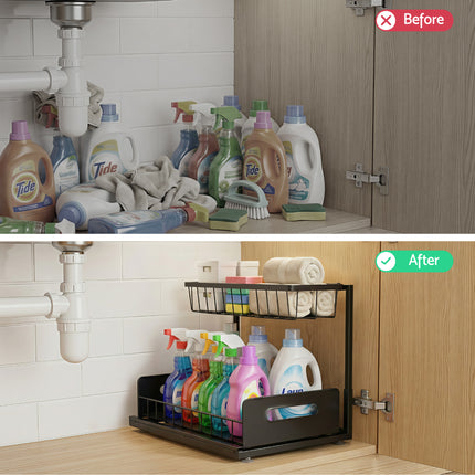 Artiss Under Sink Organizer Storage L Shape 1 Pull Out Drawers Kitchen Cabinet Shelf.