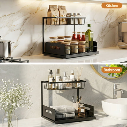 Artiss Under Sink Organizer Storage L Shape 1 Pull Out Drawers Kitchen Cabinet Shelf.