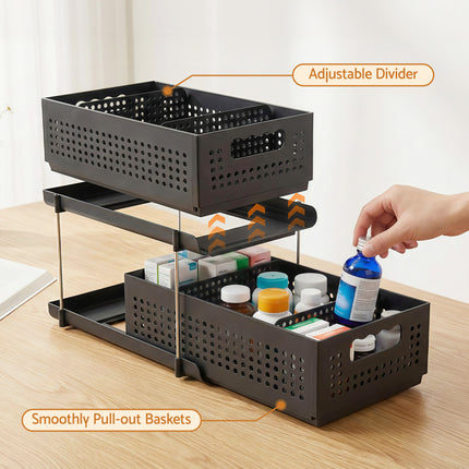 Artiss Under Sink Organizer 2 Tier Pull Out Drawer with Removable Baskets & Divider.