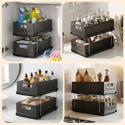Artiss Under Sink Organizer 2 Tier Pull Out Drawer with Removable Baskets & Divider.