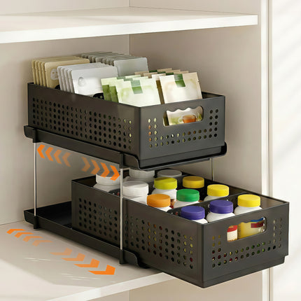 Artiss Under Sink Organizer 2 Tier Pull Out Drawer with Removable Baskets & Divider.
