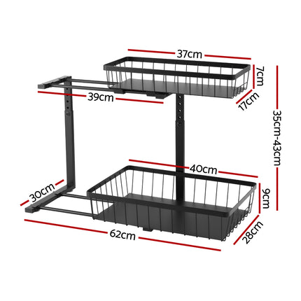 Artiss Under Sink Organizer Storage with 2 Slide Out Drawers 5 Adjustable Height Bathroom Kitchen Cabinet Black.
