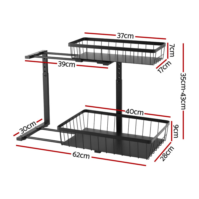 Artiss Under Sink Organizer Storage with 2 Slide Out Drawers 5 Adjustable Height Bathroom Kitchen Cabinet Black.