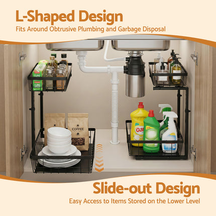 Artiss Under Sink Organizer Storage with 2 Slide Out Drawers 5 Adjustable Height Bathroom Kitchen Cabinet Black.