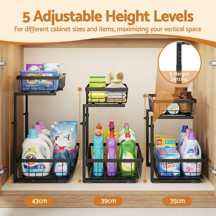 Artiss Under Sink Organizer Storage with 2 Slide Out Drawers 5 Adjustable Height Bathroom Kitchen Cabinet Black.