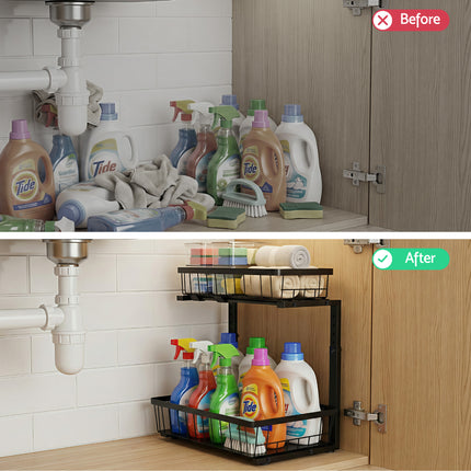 Artiss Under Sink Organizer Storage with 2 Slide Out Drawers 5 Adjustable Height Bathroom Kitchen Cabinet Black.