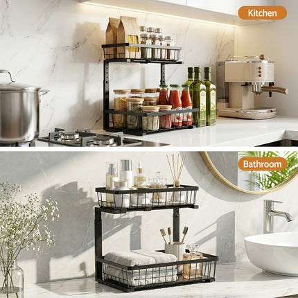 Artiss Under Sink Organizer Storage with 2 Slide Out Drawers 5 Adjustable Height Bathroom Kitchen Cabinet Black.