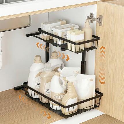 Artiss Under Sink Organizer Storage with 2 Slide Out Drawers 5 Adjustable Height Bathroom Kitchen Cabinet Black.