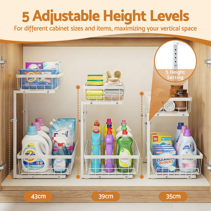 Artiss Under Sink Organizer Storage with 2 Slide Out Drawers 5 Adjustable Height Bathroom Kitchen Cabinet.
