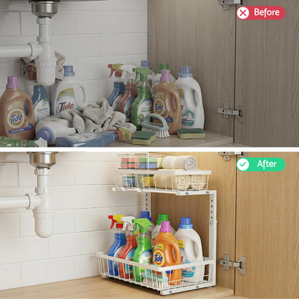 Artiss Under Sink Organizer Storage with 2 Slide Out Drawers 5 Adjustable Height Bathroom Kitchen Cabinet.