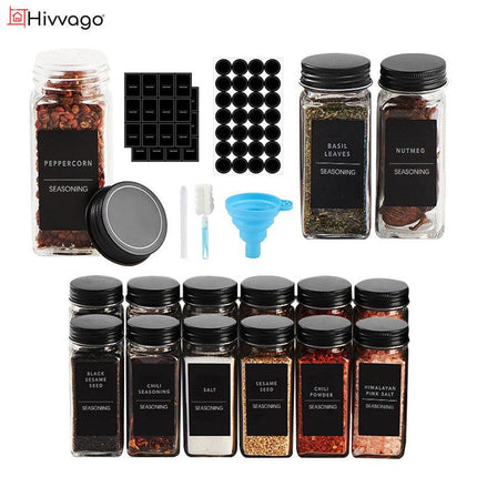 Hivvago 12 Pack Glass Spice Jar Set 120ml Airtight Square Jars with Shaker Lids Labels Funnel and Brush.