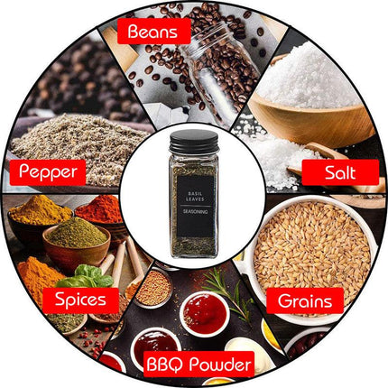 Hivvago 12 Pack Glass Spice Jar Set 120ml Airtight Square Jars with Shaker Lids Labels Funnel and Brush.