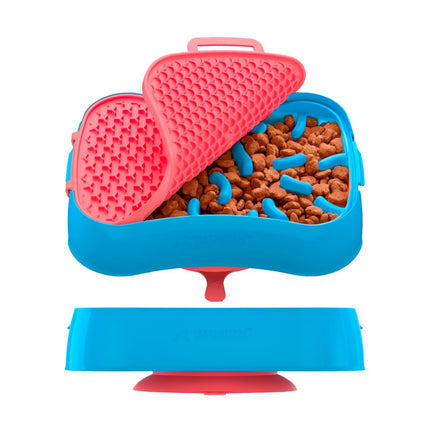4-in-1 Slow Feeder Dog Bowl - Blue Bowl and Warm Ocean Red Lickmat.