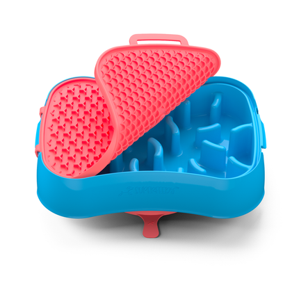 4-in-1 Slow Feeder Dog Bowl - Blue Bowl and Warm Ocean Red Lickmat.