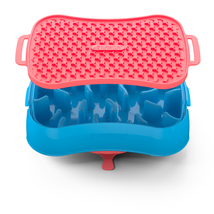 4-in-1 Slow Feeder Dog Bowl - Blue Bowl and Warm Ocean Red Lickmat.