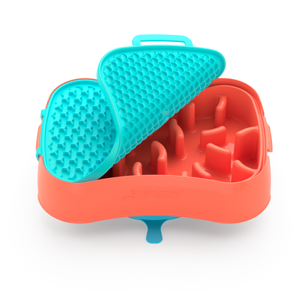 4-in-1 Slow Feeder Dog Bowl - Warm Ocean Red Bowl with Teal Lickmat.