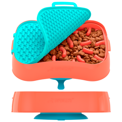 4-in-1 Slow Feeder Dog Bowl - Warm Ocean Red Bowl with Teal Lickmat.