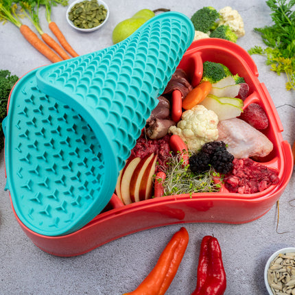 4-in-1 Slow Feeder Dog Bowl - Warm Ocean Red Bowl with Teal Lickmat.