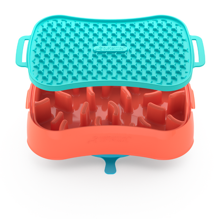 4-in-1 Slow Feeder Dog Bowl - Warm Ocean Red Bowl with Teal Lickmat.