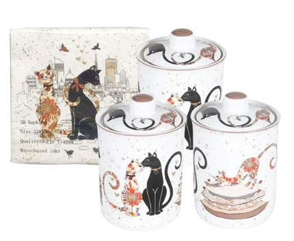 Cat Couple Embossed Canisters — Bone China Storage Set + Matching Napkins.