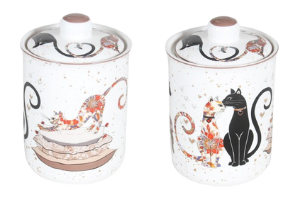 Cat Couple Embossed Canisters — Bone China Storage Set + Matching Napkins.