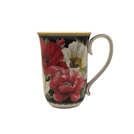 Elegant Poppies Fine Bone China Mug - 405ml Black Floral Teacup.