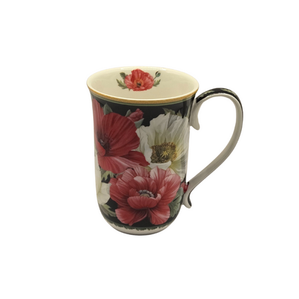 Elegant Poppies Fine Bone China Mug - 405ml Black Floral Teacup.