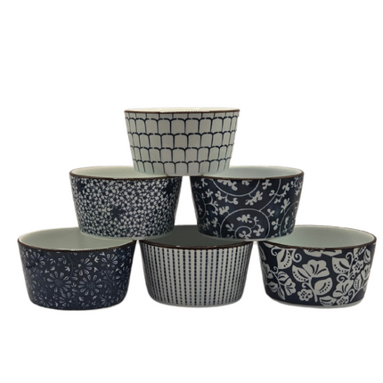 Ceramic Bakeware Set Blue Patterned Ramekins Set of 6.