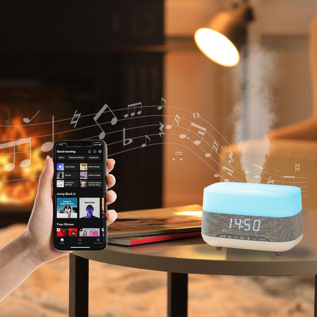 Laser Ambient Diffuser Clock Radio with Bluetooth Speaker & Light.
