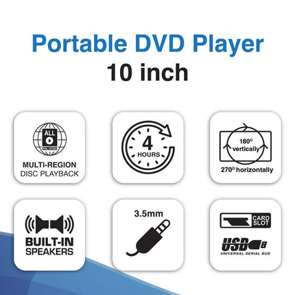 Laser 10” Portable DVD Player with Anti-Skip Technology.