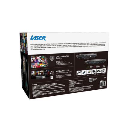 Laser 9 Inch Dual Screen DVD Player Black.