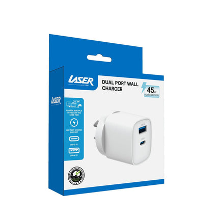 Laser Dual Port 45W USB Wall Charger White.