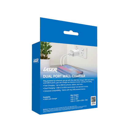 Laser Dual Port 45W USB Wall Charger White.