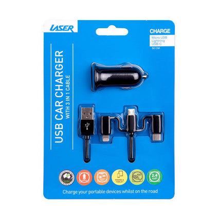 Laser USB Car Charger Black with 3-in-1 Cable: Micro USB, Type-C.