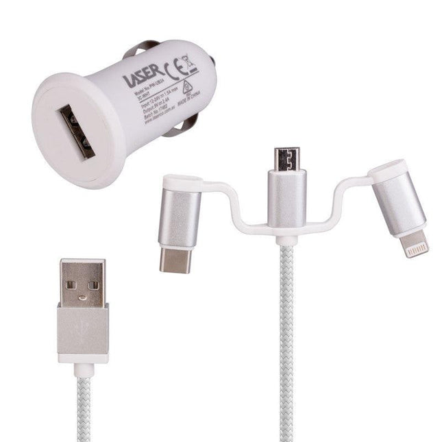 Laser USB Car Charger with 3-in-1 Cable White.