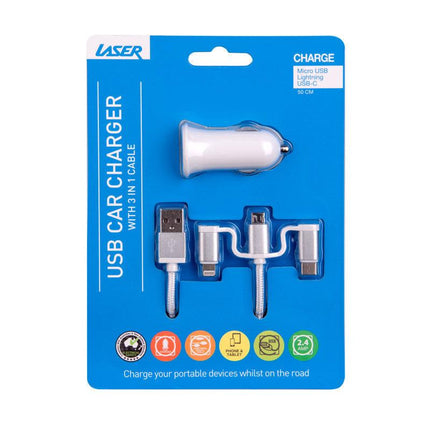 Laser USB Car Charger with 3-in-1 Cable White.