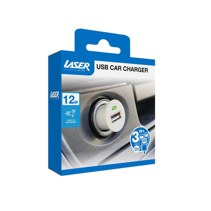 Laser USB Car Charger with 3-in-1 Cable White.