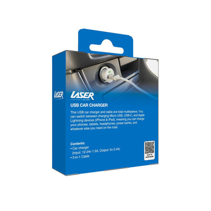 Laser USB Car Charger with 3-in-1 Cable White.