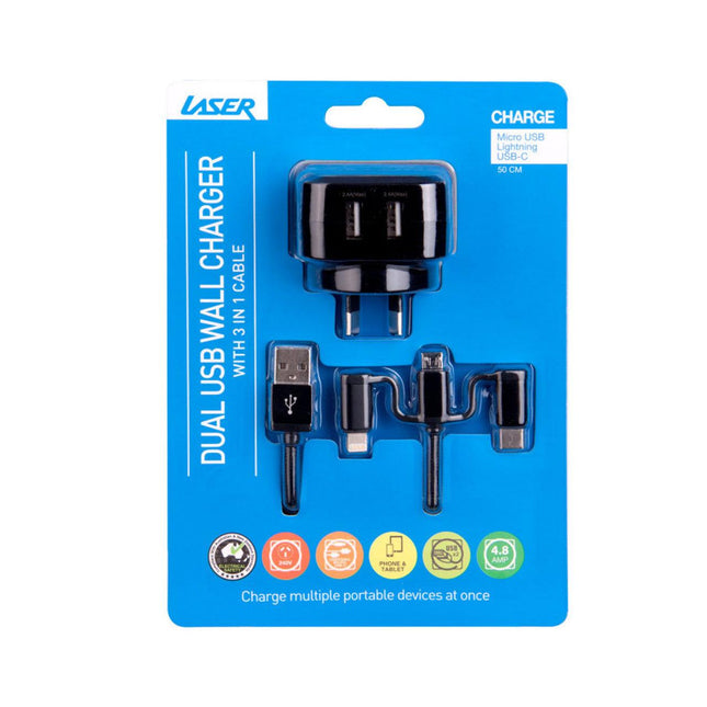 Laser Fast Charging Dual USB Wall Charger with 3 in 1 Cable - Black.