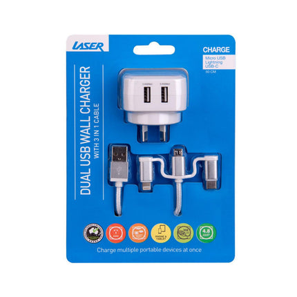 Laser Dual USB AC Charger 2.4A with 3-in-1 Cable White.