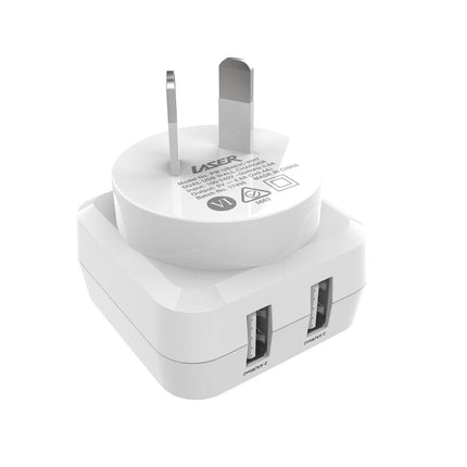 Laser Dual USB AC Charger 2.4A with 3-in-1 Cable White.
