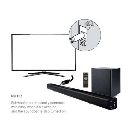 Laser Optical Soundbar with Wireless Sub-woofer.