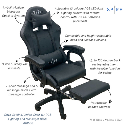 Spire Onyx Gaming/Office Chair w/ RGB Lighting And Massager Black 815EB.