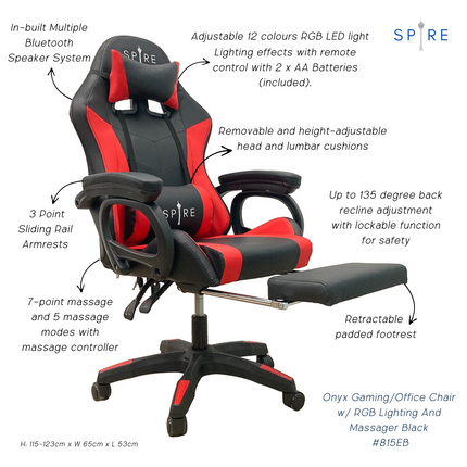 Spire Onyx Gaming/Office Chair w/ RGB Lighting And Massager Red And Black - 815ER.