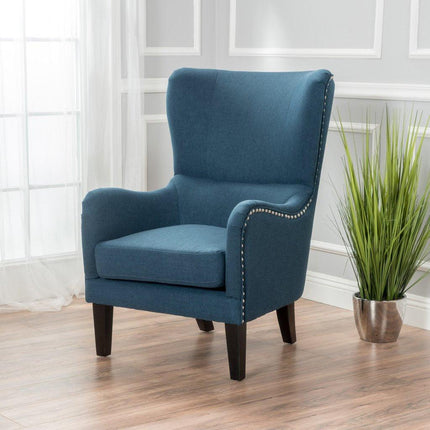 Vintage Dark Blue Fabric High Back Padded Armchair.