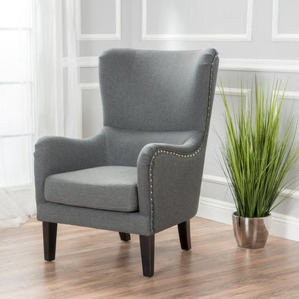 Vintage Grey Fabric High Back Padded Armchair.