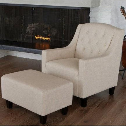 Canberra Fabric Armchair & Ottoman in Begie  Linen.